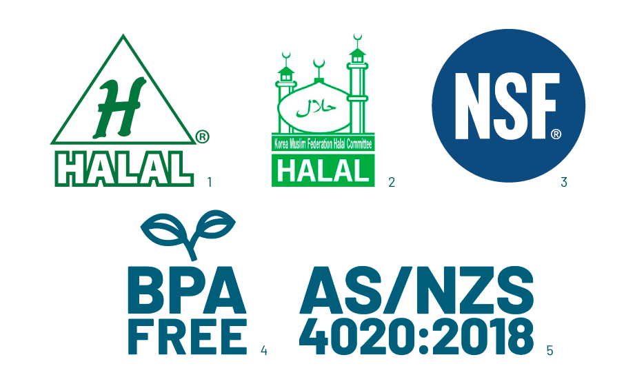 “Logo của các chứng nhận”: Halal, Halal, NSF, BPA FREE, AS/NZS 4020:2018